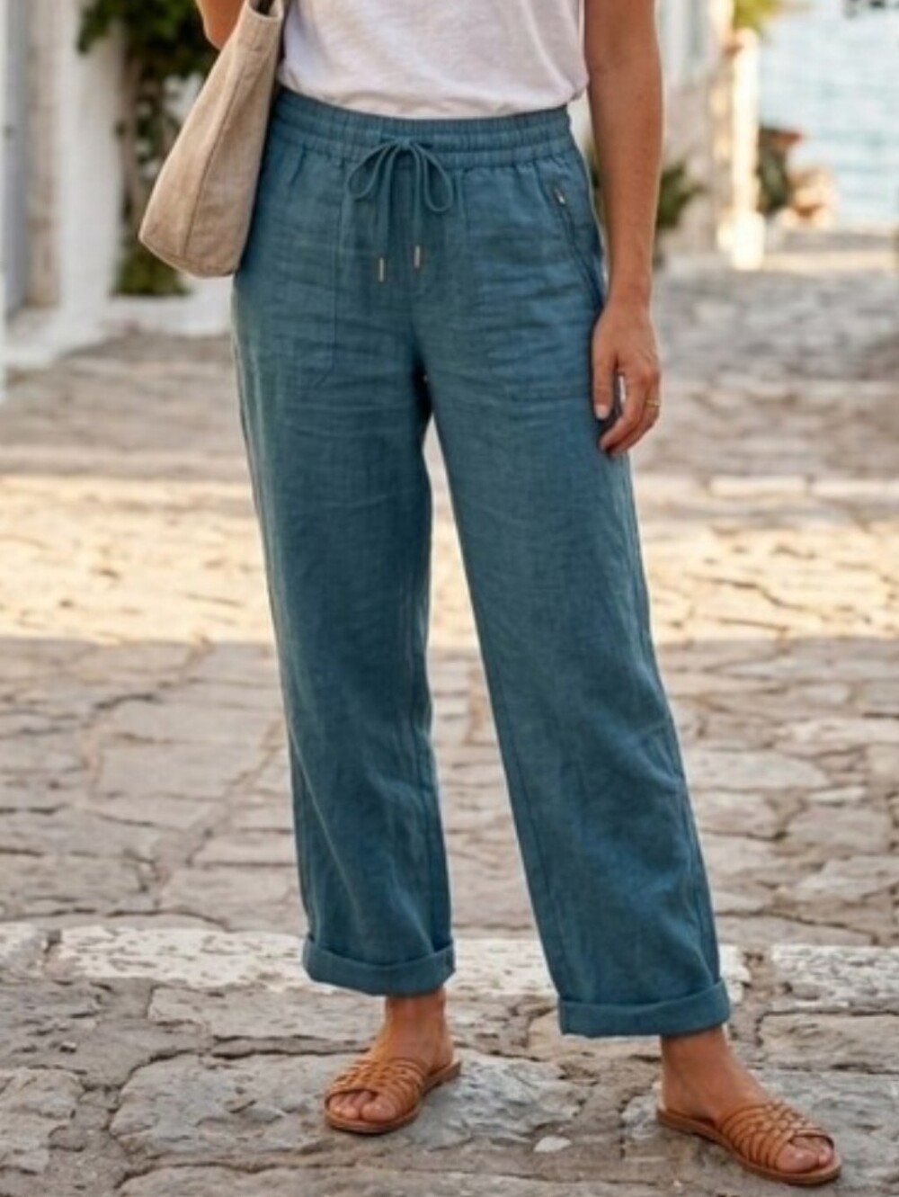 Athleta 100% LINEN Wide Leg Pants Adjustable Waistband Elastic Zippet Pockets